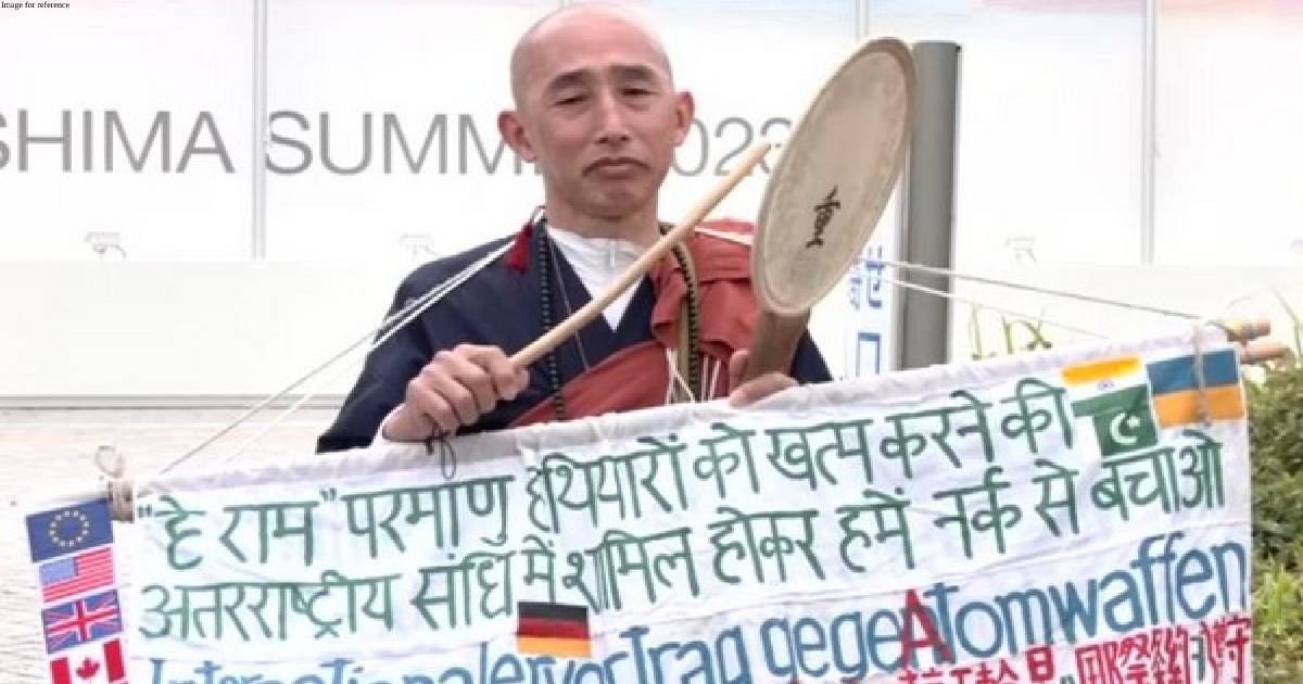 Buddhist Monk holds protest outside G7 International Media Centre in Hiroshima, calls for shunning use of nuclear weapons